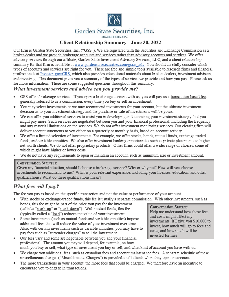 Garden State Securities Form CRS